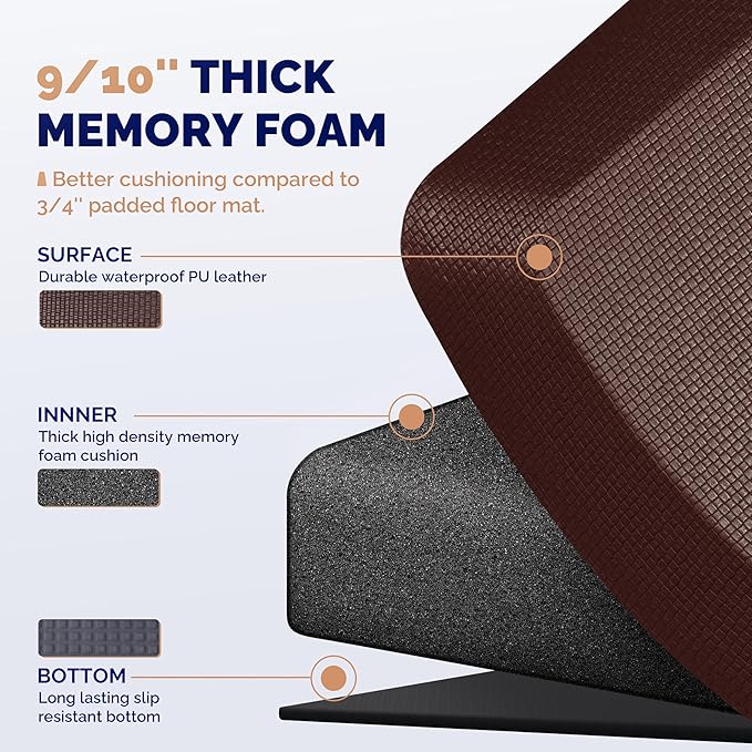 FEATOL Anti Fatigue Mat for Standing, 9/10 Extra Thick Ergonomic Standing Desk Mat, Comfort & Durable Memory Foam Standing Mat at Home,Office All Day (20" x 59", Brown, 1PC)