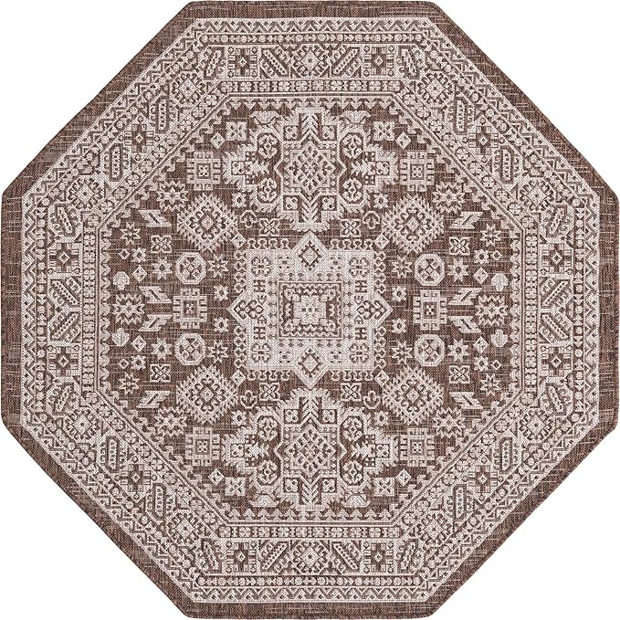 Rugs.com Outdoor Aztec Collection Rug – 5 Ft Octagon Brown Flatweave Rug Perfect for Living Rooms, Kitchens, Entryways