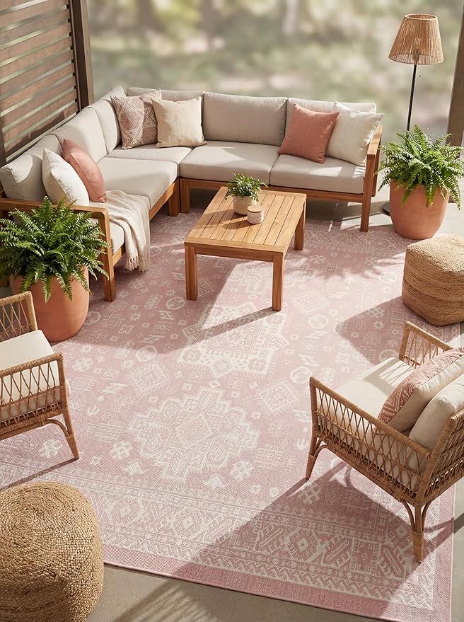 Rugs.com Outdoor Aztec Collection Rug – 13 Ft Square Pink Flatweave-Pile Rug Perfect for Living Rooms, Kitchens, Entryways