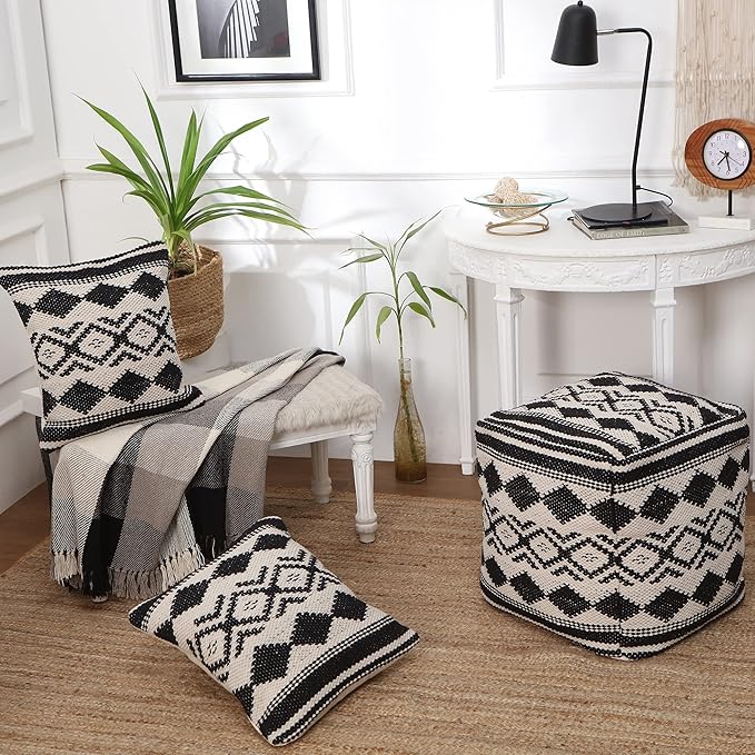 REDEARTH · UNSTUFFED Pouf Ottoman Cover Textured Cube Bean Bag Pouffe Footrest for Living Room, Bedroom, Nursery, Kidsroom; 100% Cotton(18"X18"X18", Linear Diamonds Black)