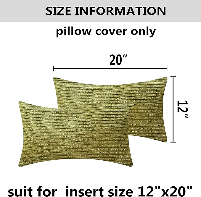 Home Brilliant Green Throw Pillow Covers 12x20 Striped Corduroy Solid Set of 2 Spring Decoration Oblong Pillowcases for Sofa Couch Living Room St Patricks Day Decor, 12 x 20 inch, Grass Green