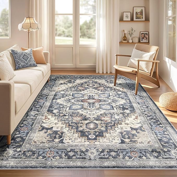 Washable Rug 10x12 Area Rugs: Boho Vintage Distressed Oriental Medallion Neutral Thin Large Rug Carpet for Living Room Bedroom Dining Room Home Office Decor - Blue
