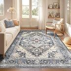 Washable Rug 10x14 Area Rugs: Boho Vintage Distressed Oriental Medallion Neutral Thin Large Rug Carpet for Living Room Bedroom Dining Room Home Office Decor - Blue