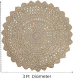 Hausattire Hand Woven Jute Crochet Rug, 3’ Round – Natural, Anti-Slip Accent Boho Entry Area Rugs for Kitchen, Living Room I Farmhouse Decorative Floor Rug, 3 Feet Round