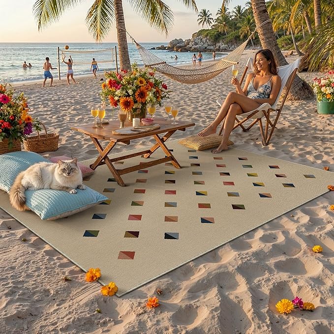 HUGEAR 3x5 Jute Outdoor Indoor Checkered Rug Washable Linen Textured Weave High Traffic Stain Resistant Non Slip Durable Carpet for Patio Deck Balcony Courtyard (Rainbow, 3' x 5')