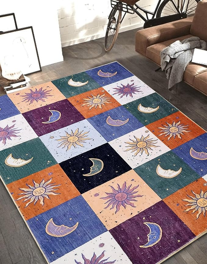 Boho Sun and Moon 3x5 Rug Washable Indoor Thin Doormat, Vintage Mystical Celestial Checkerboard Entryway Rugs Non Slip, Hippie Retro Aesthetic Cute Astrology Throw Rugs for Kitchen Bedroom