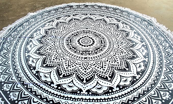 Round Beach Tapestry Turquoise Mandala Throw/Boho Hippie Beach Blanket Roundie/Indian Cotton Bohemian Large Round Table Cloth-Home Decor/Yoga Mat Meditation Picnic Rug (70", Grey)