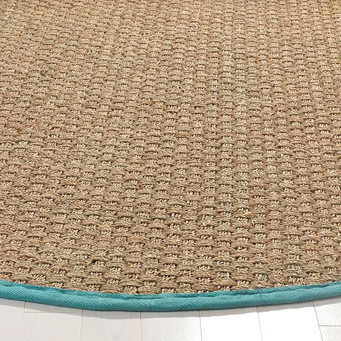 SAFAVIEH Area Rug 6' Round - Natural Fiber Collection - Natural & Teal, Seagrass, Basketweave Pattern with Border (NF114R)