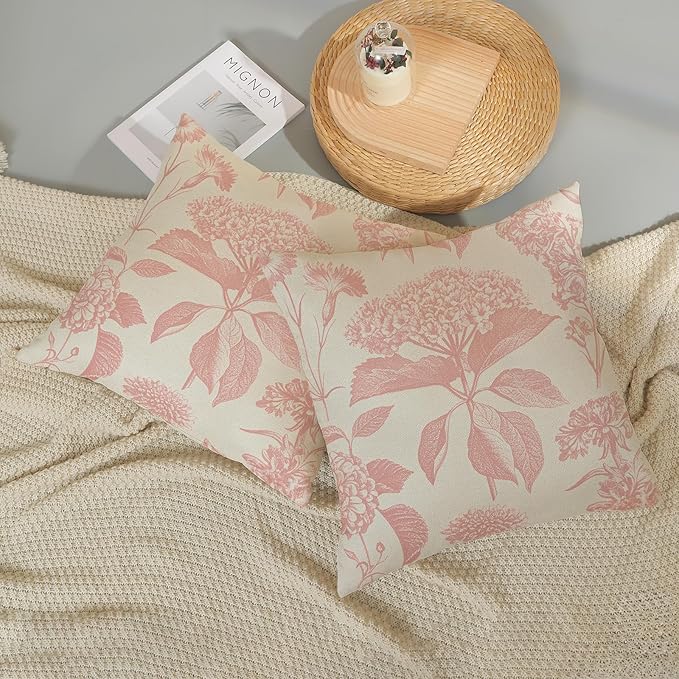 Pink Pillow Covers 18x18 Set of 2 Boho Floral Throw Pillow Cover Hydrangea Herbs Botanical Decoration Pillowcase Farmhouse Vintage Flower Linen Cushion Case Outdoor Decorative for Couch Sofa