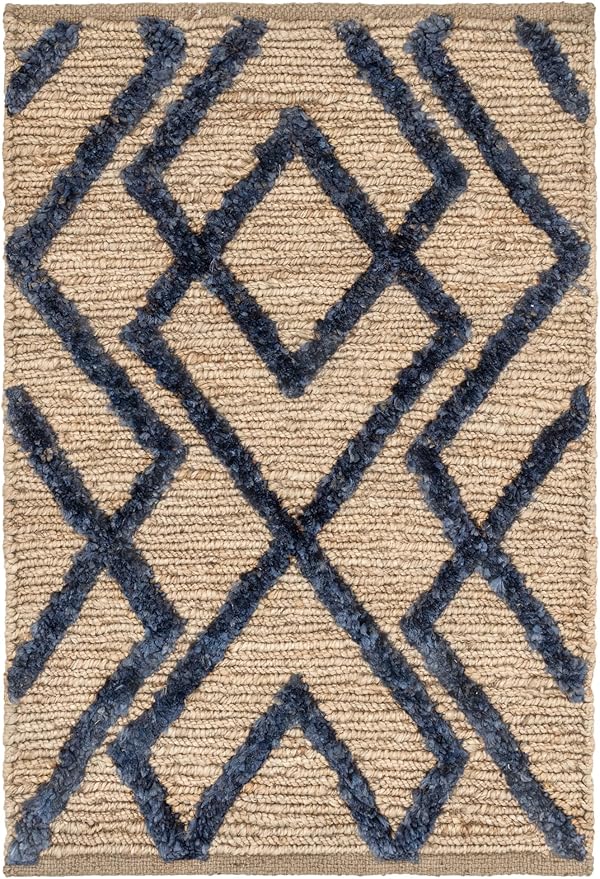 Dash & Albert Marco Navy Jute Soumak Handwoven Rug, 2.5 X 8 Feet, Blue Geometric Pattern