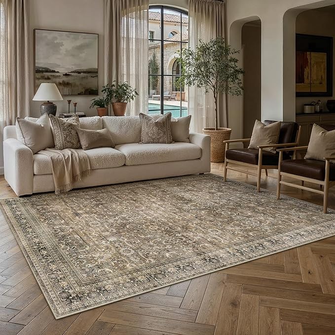 HUGEAR Area Rug 5x7 Vintage Brown Machine Washable Living Room Rugs Distressed Retro Floral Mid Pile Carpet Soft Thicker Carpet Bedroom Office Dining Room Laundry Room Non Slip Soft