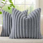decorUhome Cozy Faux Fur Throw Pillow Covers 26x26 Set of 2 Decorative Soft Plush Striped Modern Farmhouse Boho Couch Euro Sham Pillow Cases with Velvet Back for Sofa Bed Living Room, Grey