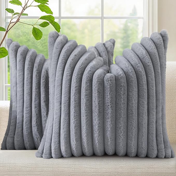 decorUhome Cozy Faux Fur Throw Pillow Covers 16x16 Set of 2 Decorative Soft Plush Striped Modern Farmhouse Boho Couch Pillow Cases with Velvet Back for Sofa Bed Living Room, Grey