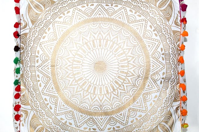 CRAFT KALA Gold Large Hippie Mandala Meditation Floor Ottoman Pillow Cushion Pouf Cover Square Poufs Bohemian Circle Floor Cushion Case Outdoor Fireplace Yoga Living Room Decor Cover 16" Square