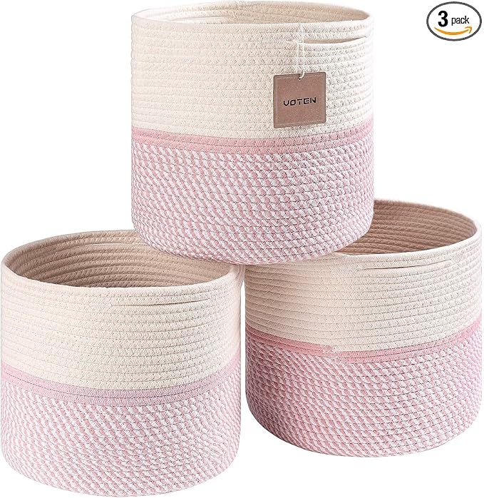 voten Cube Storage Baksets Bins 11x11’’ Fit 12x12’’ Organizer Bookcases Shelving,Stylish&Durable Woven Cotton Basket Containers for Organizing 3-Pack Off White/Mixed Pink