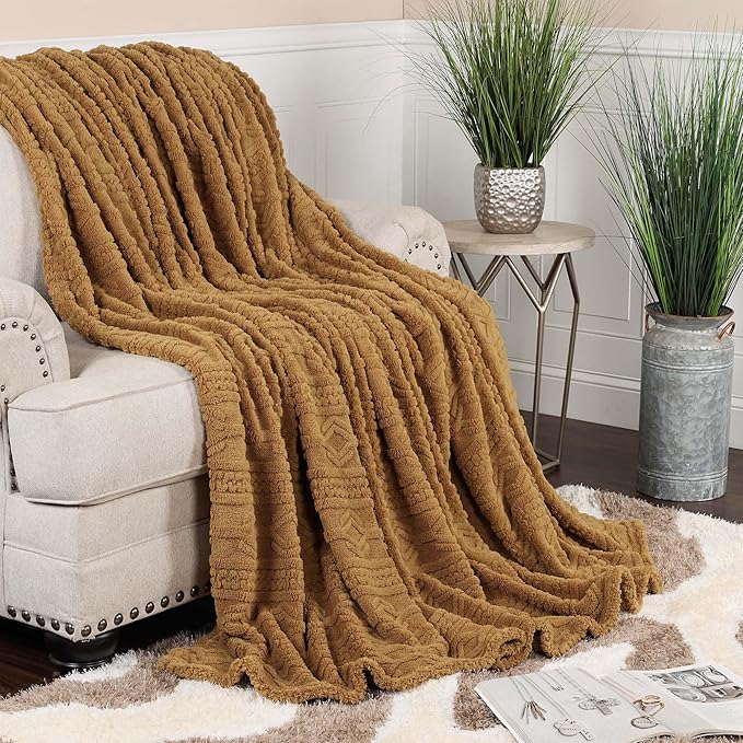 Superior Fleece Boho Jacquard Blanket, Decorative Blankets for Bedroom, Sofa, Fuzzy, Plush, Fluffy, Soft, Cute Room Decor, Beautiful Cover, Comfort Essentials, Arctic Collection, Throw XL, Camel