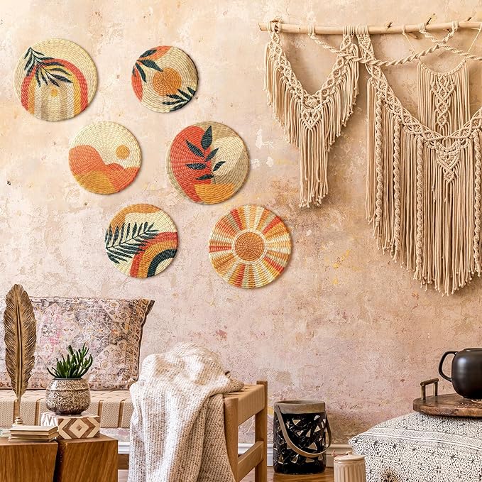 Xuhal 11 Pcs Boho Hanging Wall Basket Decor Handmade Woven Basket Wall Decorative Boho Wicker Baskets Placemats Round Farmhouse Bulrush Art for Rustic Home Decorations Christmas Gift(6 Pcs,Bright)