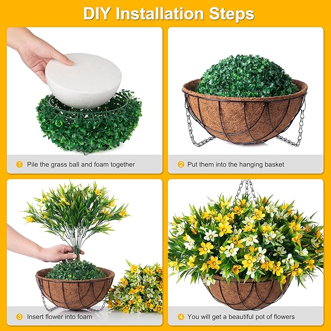 Artificial Hanging Flowers with 12" Basket for Outdoor Decor, Faux Silk Daisy Flower UV Resistant Plants Arrangements Decoration for Indoor Porch Garden Yard(Yellow)