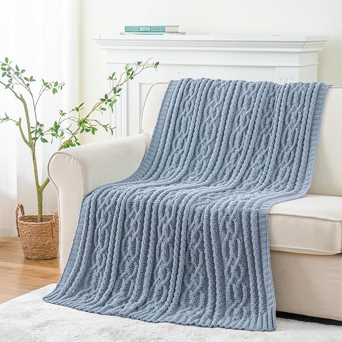 Battilo Bluish Grey Throw Blanket for Couch,51"x67", Super Soft Warm Cozy Chenille Knit Blankets for Bed, Sofa, Chair, Gift, Texture Decorative Boho Blanket for Living Room (Dusty Blue)