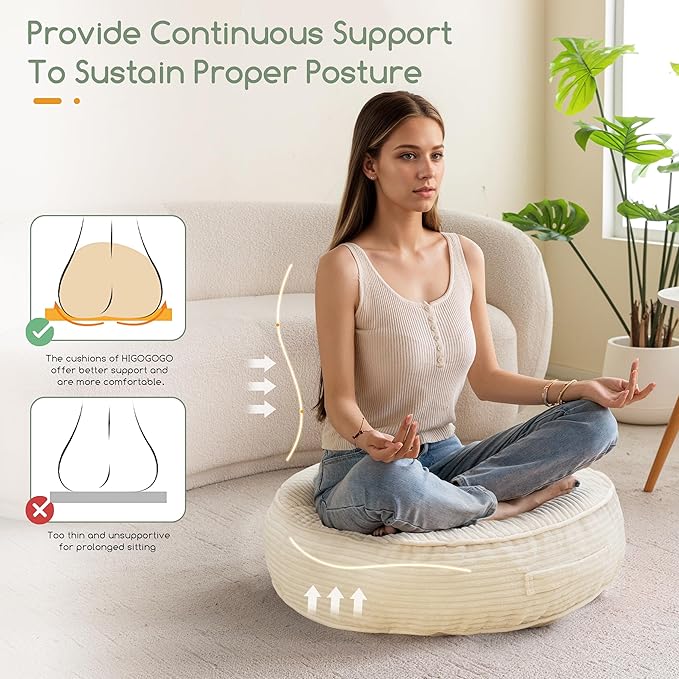 HIGOGOGO 6" Extra Thick Floor Pillow Cushion for Adults, Meditation Cushion Pillow, Large Round Floor Sitting, Tufted Corduroy Cover, for Tatami Living Room or Yoga, 22x22 Inch, 2Pack, Beige