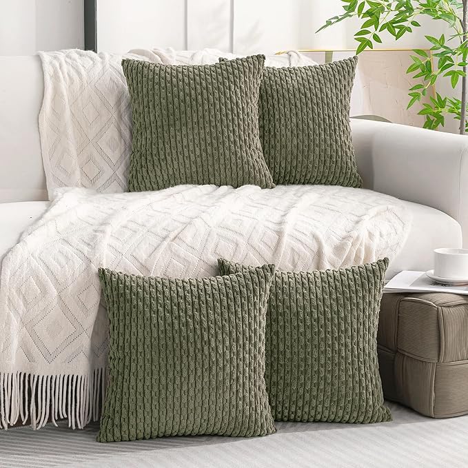 Set of 4 Olive Green Decorative Throw Pillow Covers 20x20 Inch Corduroy Pillow Covers for Bed Couch Sofa Living Room Soft Square Cushion Cases