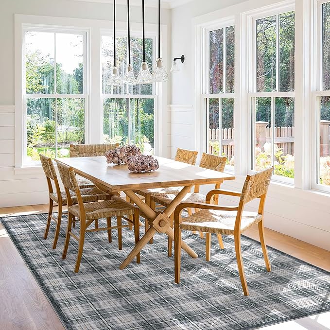 GarveeHome Checkered Area Rugs 5x7 for Living Room, Machine Washable Non Slip Backing Rug, Stain Resistant Low-Pile Indoor Outdoor Carpet for Bedroom Dining Room Office Nursery Grey