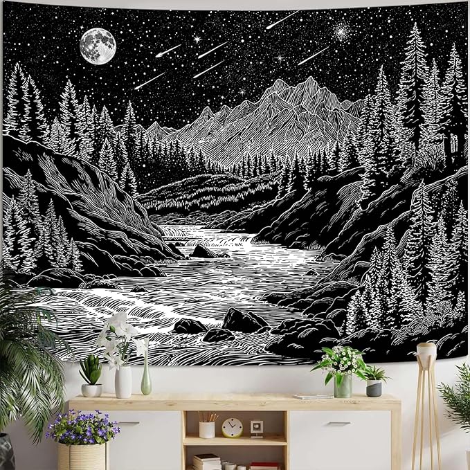 Zussun Black and White Forest Mountain Tapestry for Bedroom Aesthetic Dark Nature Pine Trees Stream Tapestries Wall Hanging Moon and Stars Wall Tapestry for Living Room Dorm 90 × 68 Inch