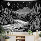 Zussun Black and White Forest Mountain Tapestry for Bedroom Aesthetic Dark Nature Pine Trees Stream Tapestries Wall Hanging Moon and Stars Wall Tapestry for Living Room Dorm 90 × 68 Inch