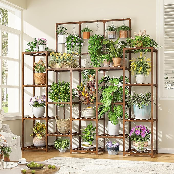 EnHomee Tall Plant Stand, 14 Tiers Indoor Plant Stand for Multiple Plants Pot, Wood Plants Shelves for Living Room, Patio, Balcony, Yard, Garden, 11.8''D×56''W×63''H