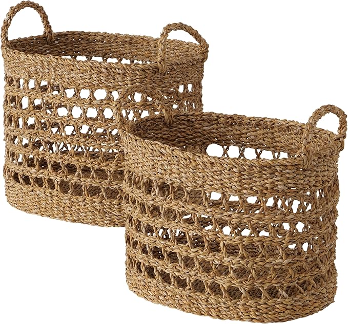 WHW Whole House Worlds Made by Nature Seagrass Baskets, Set of 2 Ovals, Handwoven Open Weave, Handles, 15.75 and 14.25 Inches