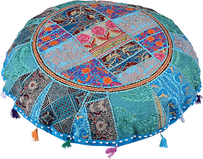 Rajasthani Handmade Colorful Decorative Floor Pillow Cover Meditation Patchwork Patchwork Cushion Seating Accent Boho Chic Indian Handmade Cover ONLY (Turquies, 32X32 Inches)
