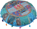 Rajasthani Handmade Colorful Decorative Floor Pillow Cover Meditation Patchwork Patchwork Cushion Seating Accent Boho Chic Indian Handmade Cover ONLY (Turquies, 32X32 Inches)
