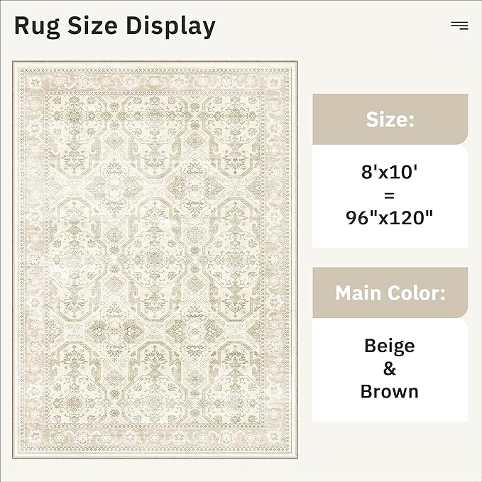 8x10 Area Rugs, Washable Rugs, Large Stain Resistant Beige Area Rug for Living Room Bedroom Dining Room, Vintage Farmhouse Rug