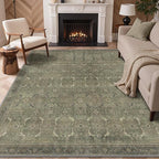 GENIMO 8x10 Area Rugs for Living Room, Machine Washable Non Slip Vintage Rugs, Low Pile Lightweight Chenille Print Rug for Bedroom, Dining Room, Home Office, Muted Green