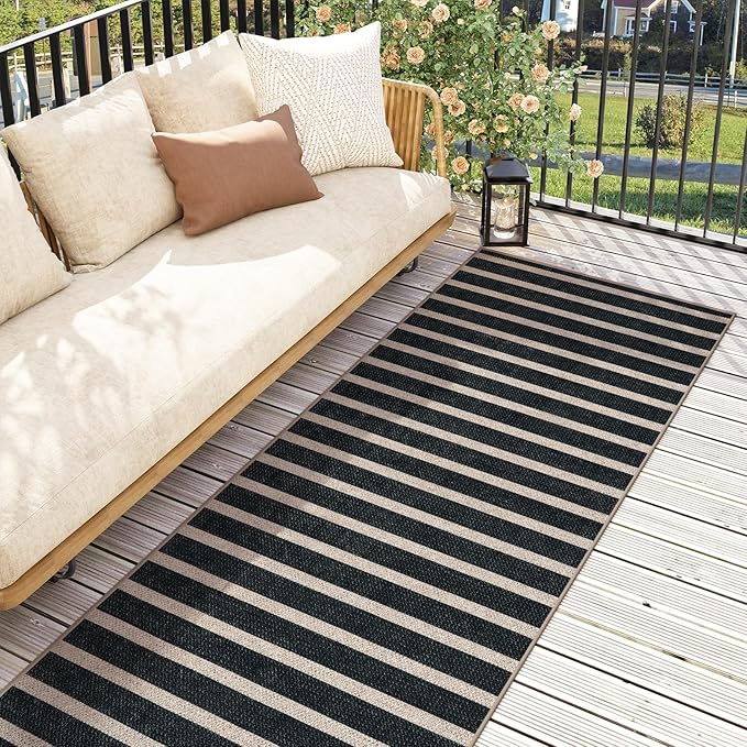 Lahome Elance Striped Easy Jute Kitchen Runner, 2x6 Washable Rug Runners for Hallways Non Slip Entryway Rug, Farmhouse Neutral Indoor Outdoor Black Carpet for Laundry Room Front Porch