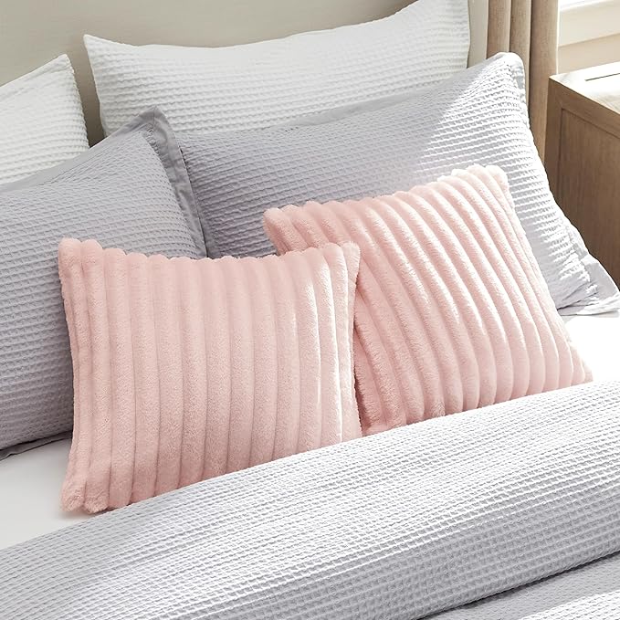 Bedsure Double-Side Striped Throw Pillow Covers 18x18 Set of 2, Spring Fluffy Crystal Pink Soft Decorative Pillow Covers, Home Decor for Couch Sofa Living Room Bedroom