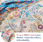 MSGKV Boho Throw Blanket for Couch Cotton Floral Blanket 50"x60" Throws for Sofa Chair Muslin Spring Breathable Lightweight Farmhouse Blankets Home Decor All Seasons