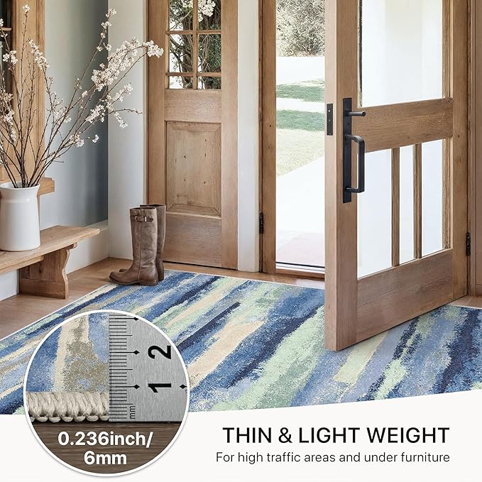 GENIMO 5X7 Washable Modern Area Rugs for Living Room, Non-Slip Low Pile Chenille Print Rug, Soft Rugs for Bedroom Dining Room Home Office, Sage & Tide