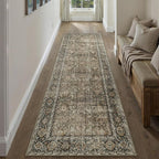 Brown Runner Rug 2'6"x14' Vintage Area Carpet Hallway Long Indoor Kitchen Washable Living Room Low Pile Traditional Distressed Retro Accent Rug Non Slip Laundry Bathroom Office Dining Room
