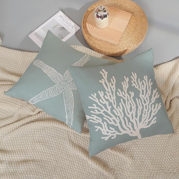 Coastal Pillow Covers 18x18 Inch Set of 2 Blue Coral Starfish Throw Pillows Nautical Ocean Decorations Summer Linen Beach Pillowcase Outdoor Decor Farmhouse Cushion Case for Home Living Room