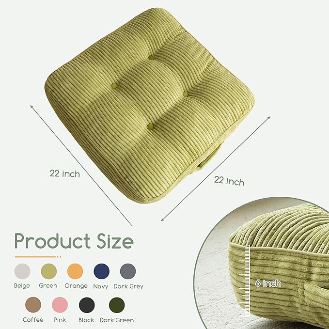 HIGOGOGO 6" Extra Thick Floor Pillow Cushion for Adults, Meditation Cushion Pillow, Large Square Floor Sitting, Tufted Corduroy Cover, for Tatami Living Room or Yoga, 22x22 Inch, 2Pack, Green