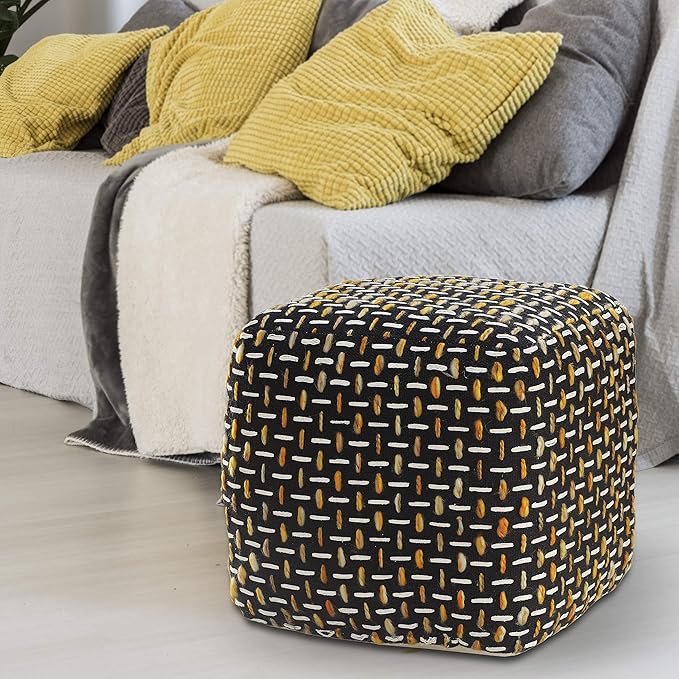L. R. Resources, Inc. LR Home Hand-Woven Black/Gold/White Geometric Square Ottoman Pouf for Home Decor | Lightweight Foot Rest for Bedroom & Living Room | 16 x 16 x 16 Stuffed Ottoman for Seating