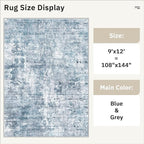 9x12 Area Rugs for Living Room, Abstract Non Slip Machine Washable Vintage Rugs, Low Pile Lightweight Large Rug for Bedroom, Dining Room, Home Office Blue