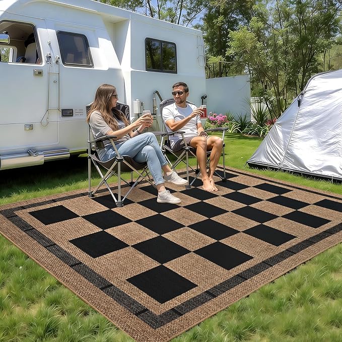 Checkered Jute Rugs, 6x9 Large Washable Outdoor Patio Rug, Living Room Bedroom Dining Room Indoor Carpet, Non Slip Modern Farmhouse Design Neutral Geometric Porch Classroom Mat, Black and Brown