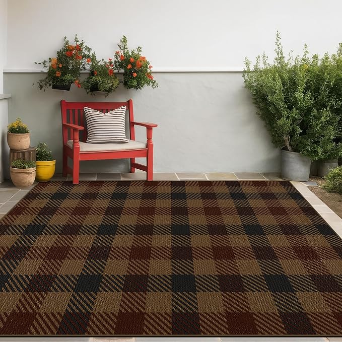 Vintage Large Plaid Area Rug for Living Room - 5x7 Easy Jute Classic Brown and Red Rug for Bedroom Under Bed, Large Entryway Outdoor Porch, Washable Non Slip Neutral Dark Brown Retro Décor