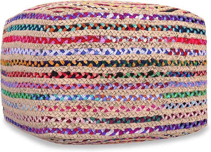 SIMPLIHOME Margo Square Pouf - 20 inch Wide Handwoven Jute and Cotton Chindi Braided Ottoman in Multi-Color, Boho-Style Footstool or Extra Seating for Living Room with Polystyrene Beads, Assembled