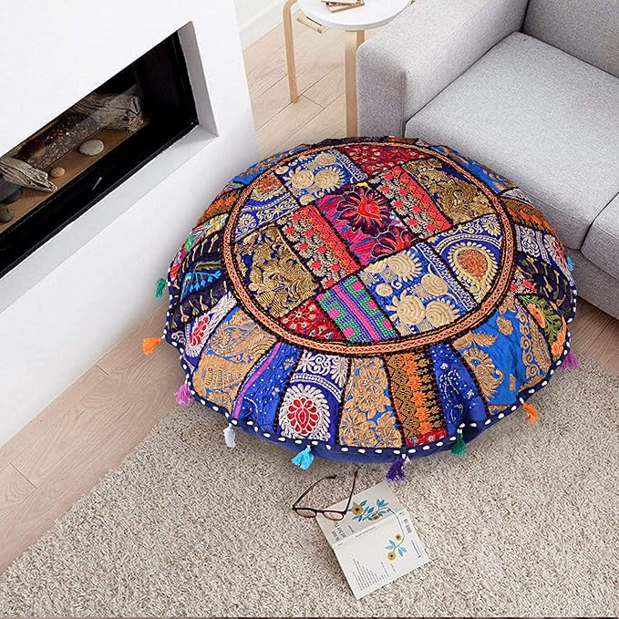 Rajasthani Handmade Colorful Decorative Floor Pillow Cover Meditation Patchwork Patchwork Cushion Seating Accent Boho Chic Indian Handmade Cover ONLY (Blue, 32X32 Inches)