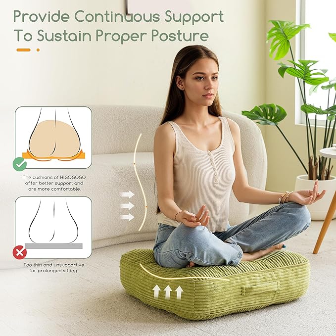 HIGOGOGO 6" Extra Thick Floor Pillow Cushion for Adults, Meditation Cushion Pillow, Large Square Floor Sitting, Tufted Corduroy Cover, for Tatami Living Room or Yoga, 22x22 Inch, 2Pack, Green