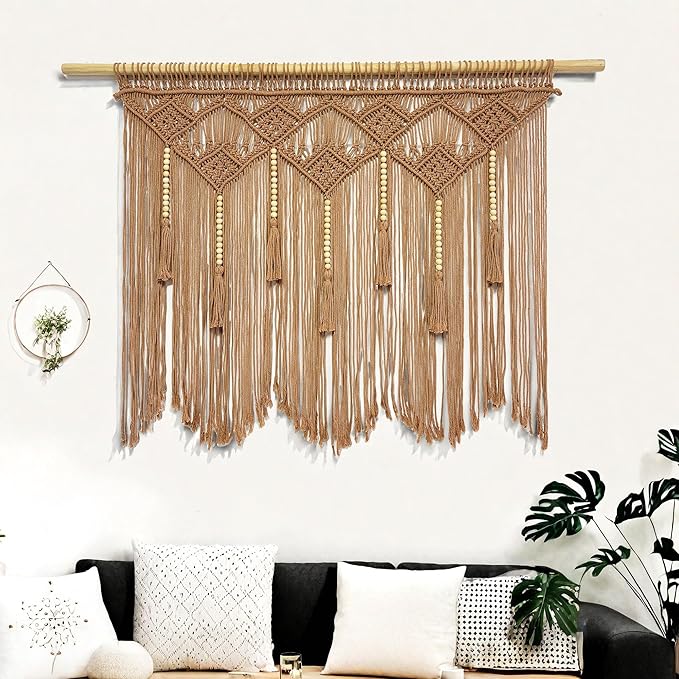 Youngeast Large Macrame Wall Hanging Boho Woven Tapestry Bohemian Macrame Wall Decor Handmade Tassel Tapestry Home Decoration for Bedroom Living Room 39"X31" (Wood Dowels Not Included) (Khaki)