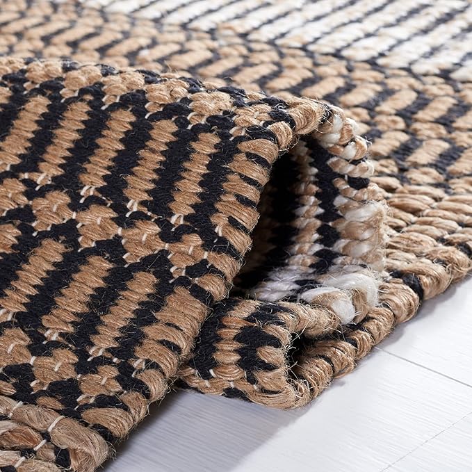 SAFAVIEH Natural Fiber Collection Area Rug - 6'6" Square, Black & Natural, Handmade Flat Weave Stripe Jute & Cotton, Ideal for High Traffic Areas in Living Room, Bedroom (NFB652Z)
